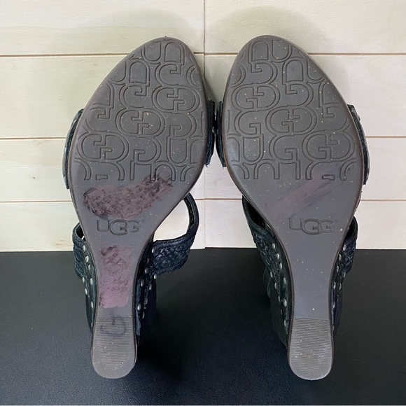 UGG Asia Platform Wedge Sandals Women's Size 9.5 Shoes Black Leather Weave - Picture 9 of 11